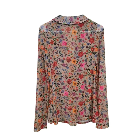 Natural Life Carina Floral Mesh Button Down Long Sleeve Collar Top - Picture 3 of 8
